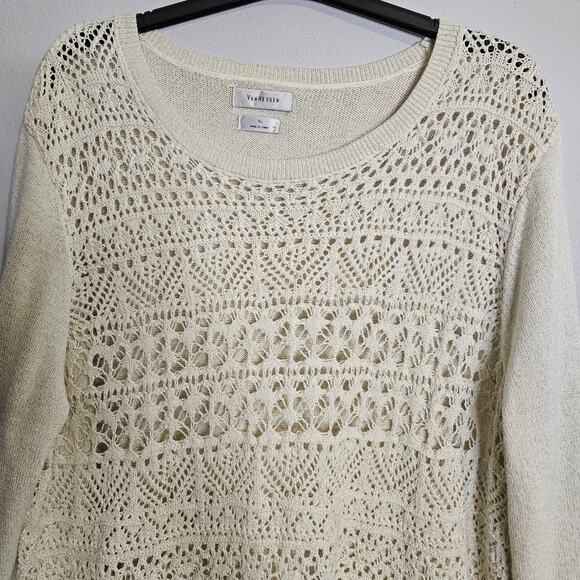 Van Heusen Open Weave Crochet Sweater Womens XL Off White Gold Cotton Blend - Picture 3 of 8